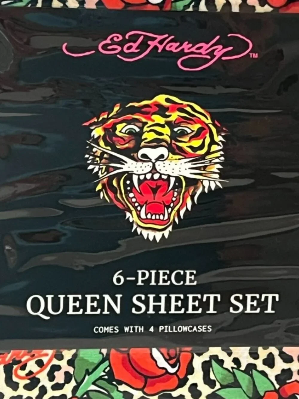 ED HARDY Queen Sheet Set 6pc New Flowers Roses Leopard Cheetah Tattoo Grunge Y2K